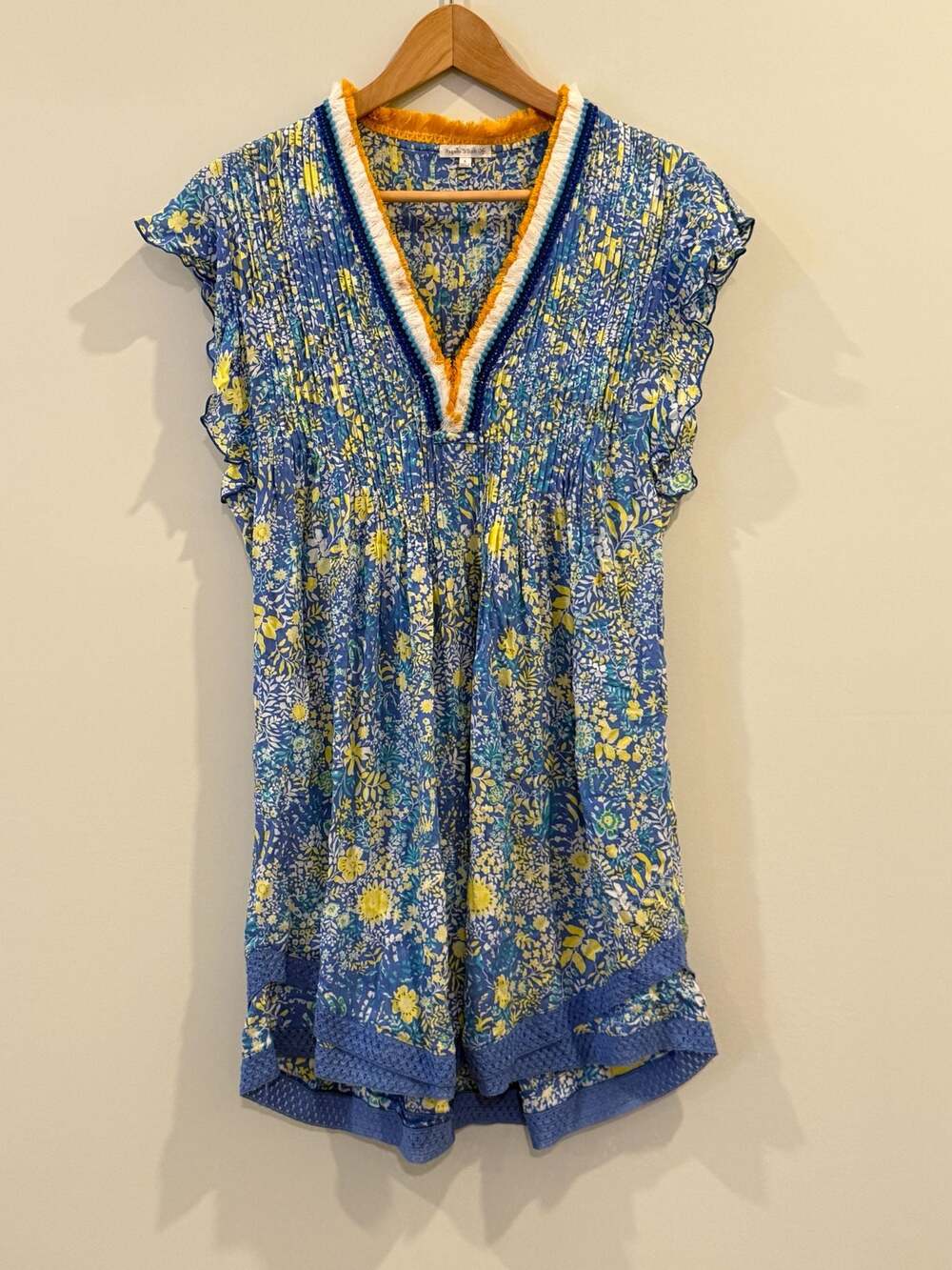 Poupette St Barth Sasha V Mini Dress Blue Floral Flutter Sleeve Size S